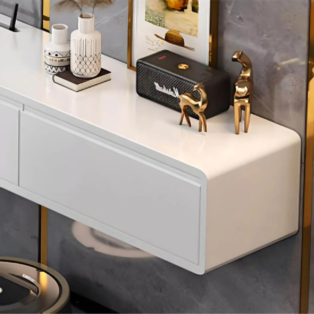 Modern Floating Rubber Wood TV Stand with Hidden Storage & Cable Management