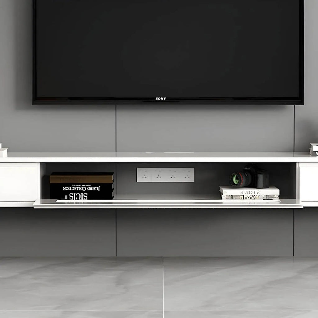 Modern Floating Rubber Wood TV Stand with Hidden Storage & Cable Management