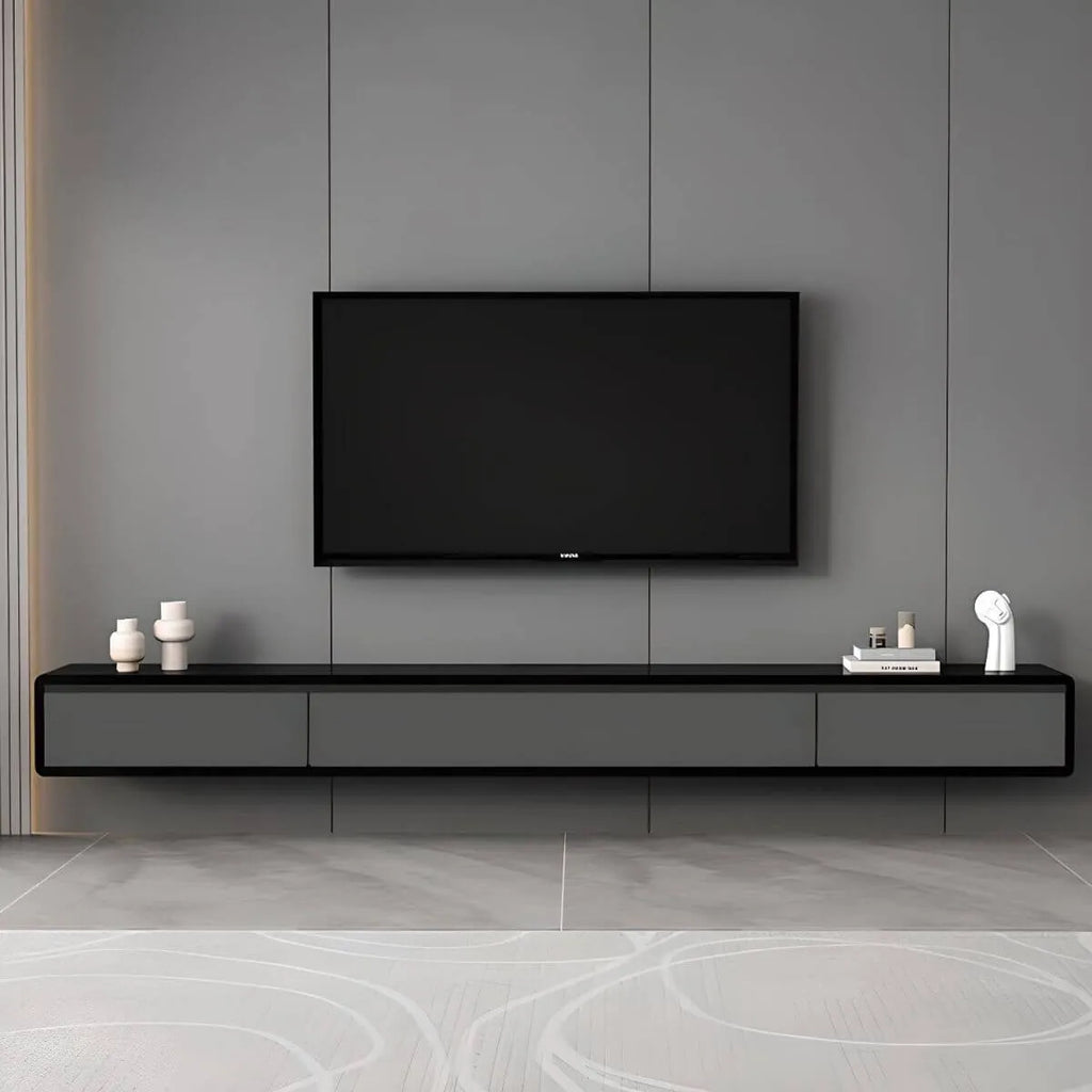 Modern Floating Rubber Wood TV Stand with Hidden Storage & Cable Management