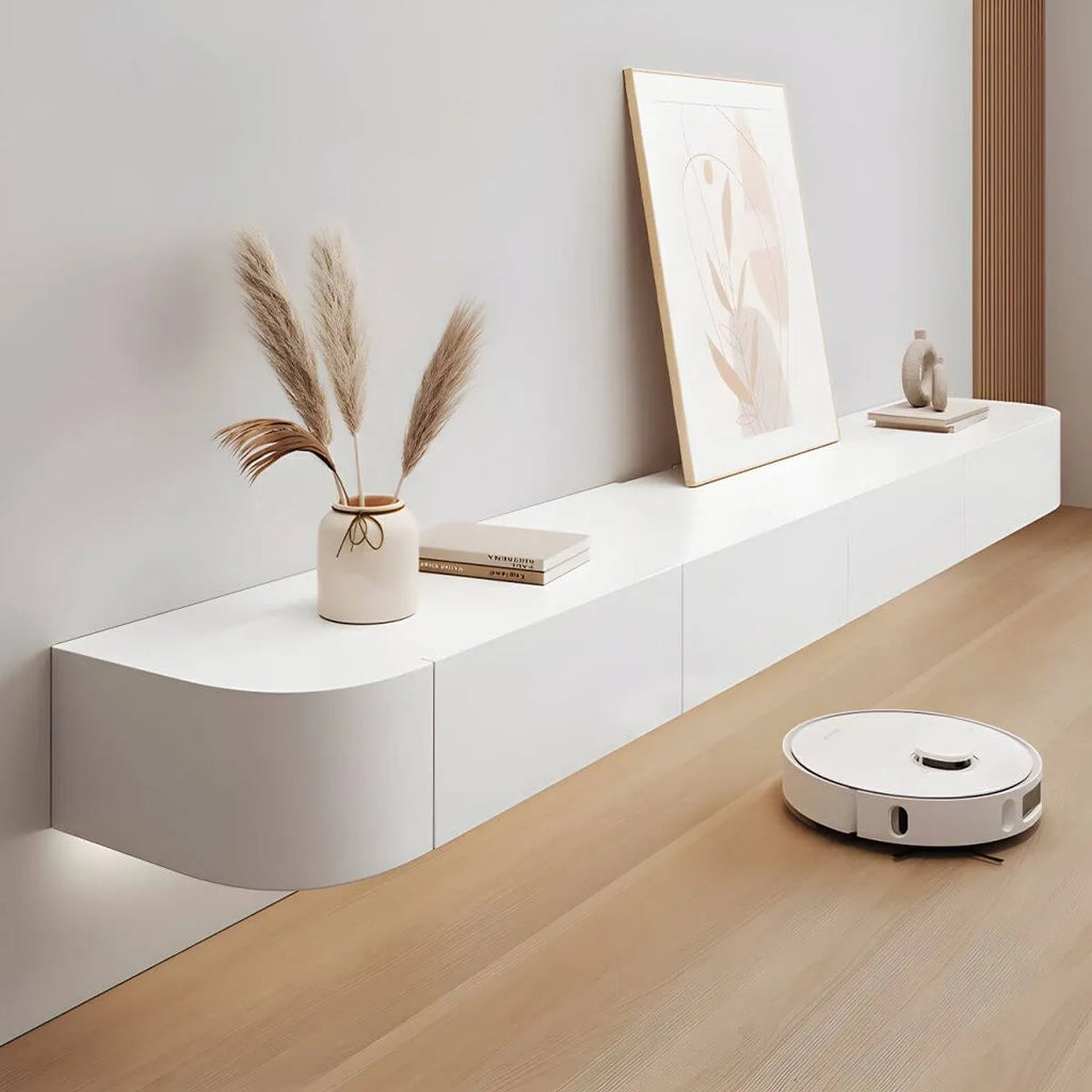 Modern Floating TV Stand in White or Grey Rubberwood with Cable Management