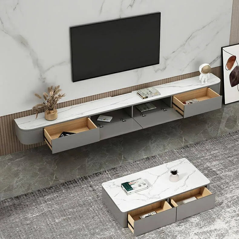 Modern Floating TV Stand in White or Grey Rubberwood with Cable Management
