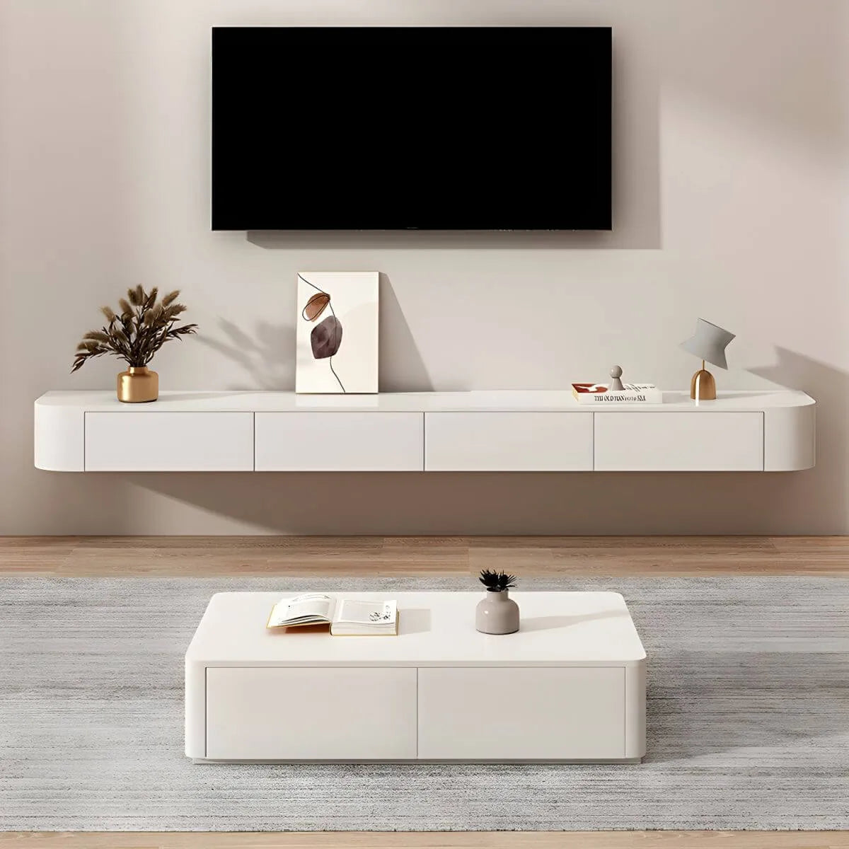 Modern Floating TV Stand in White or Grey Rubberwood with Cable Management