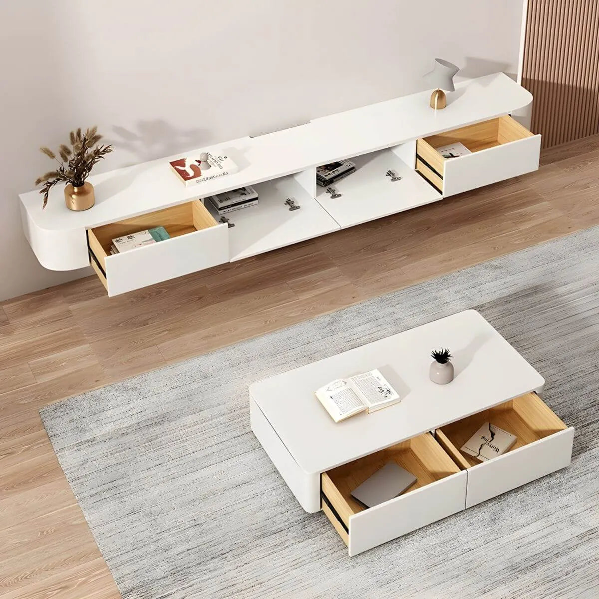 Modern Floating TV Stand in White or Grey Rubberwood with Cable Management Secondary image