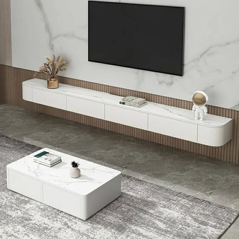 Modern Floating TV Stand in White or Grey Rubberwood with Cable Management