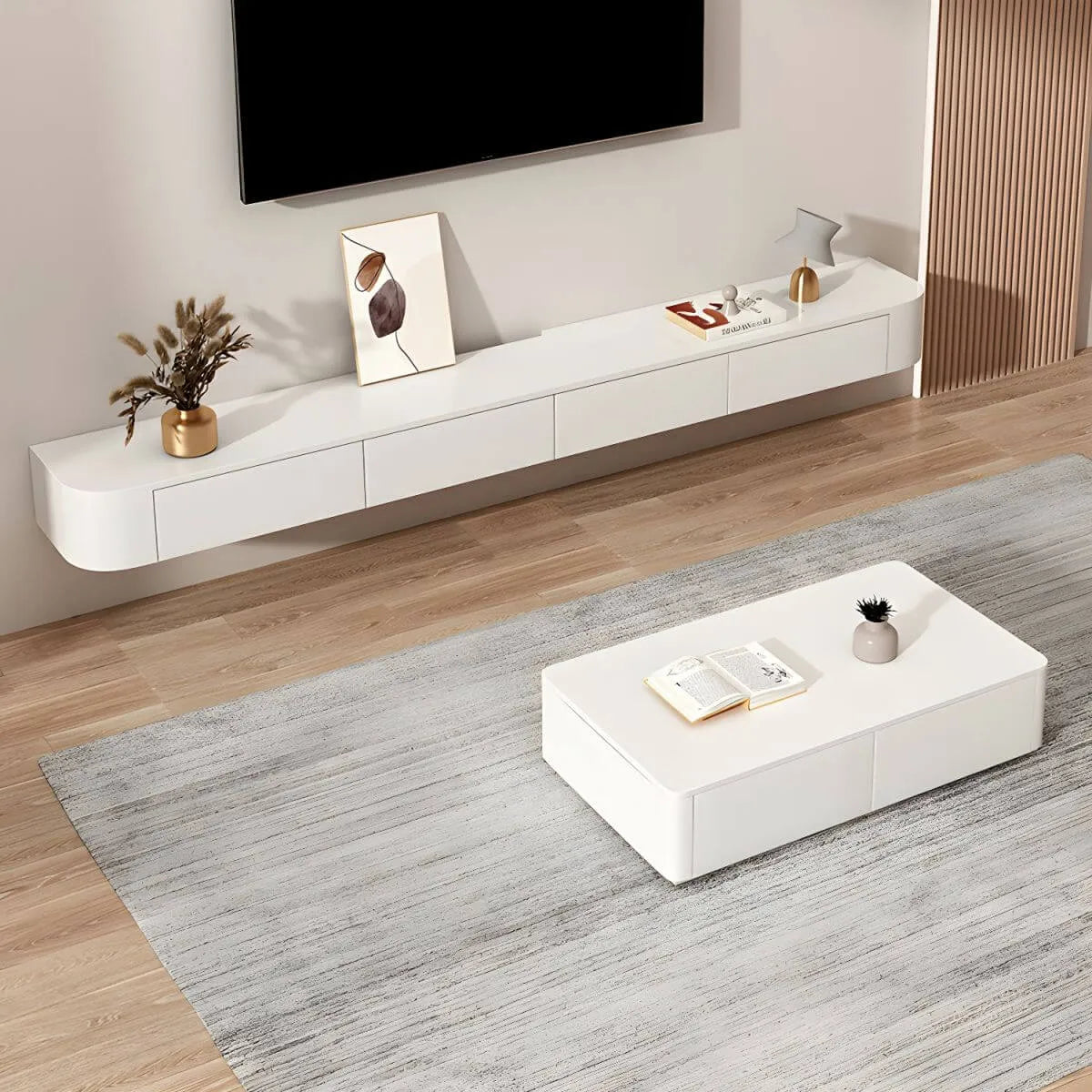 Modern Floating TV Stand in White or Grey Rubberwood with Cable Management Main Product Image Main image