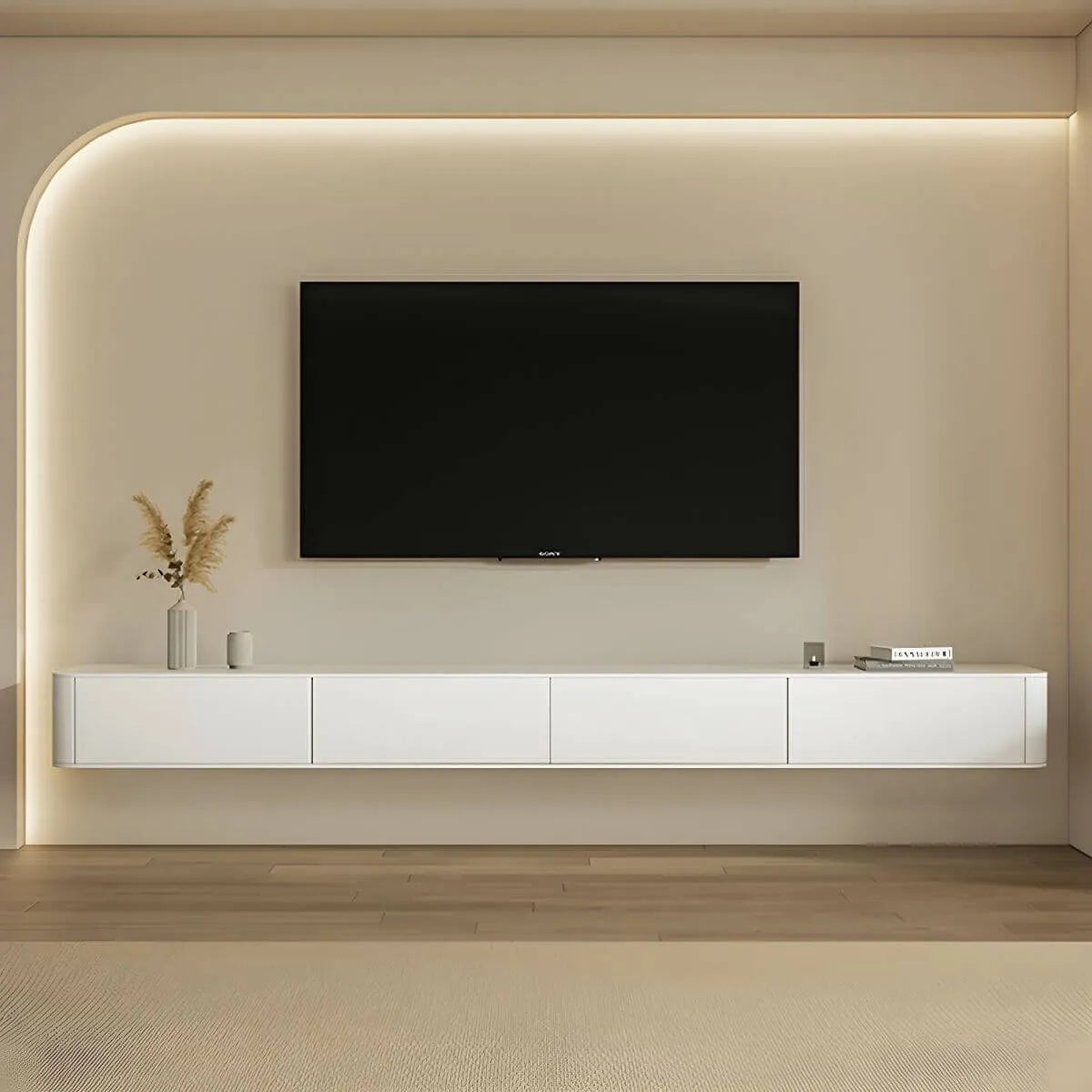 Modern Floating TV Stand in White or Grey with Cable Management Main Product Image Main image