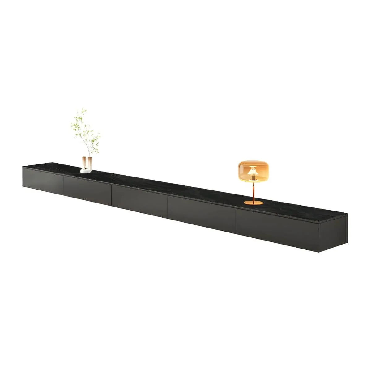 Modern Floating TV Stand with Drawers in Wood and Sintered Stone