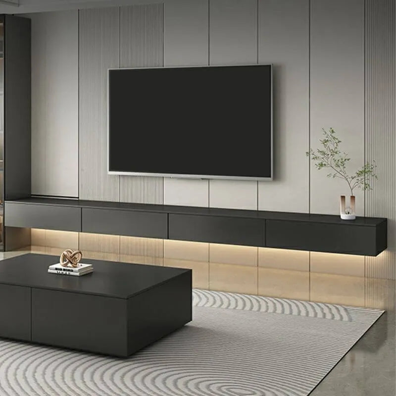 Modern Floating TV Stand with Drawers in Wood and Sintered Stone