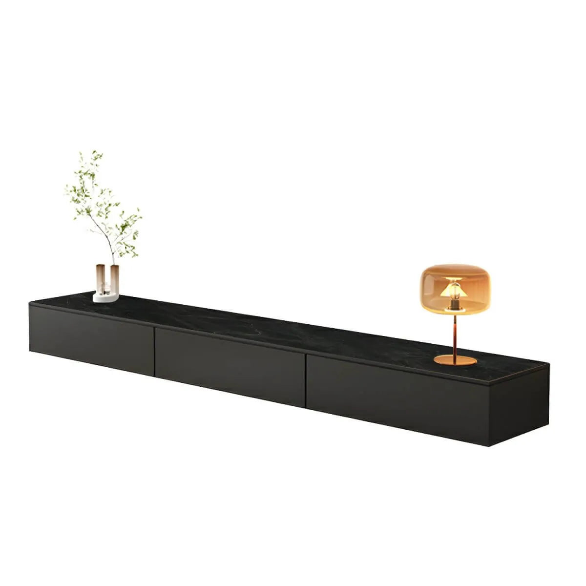 Modern Floating TV Stand with Drawers in Wood and Sintered Stone