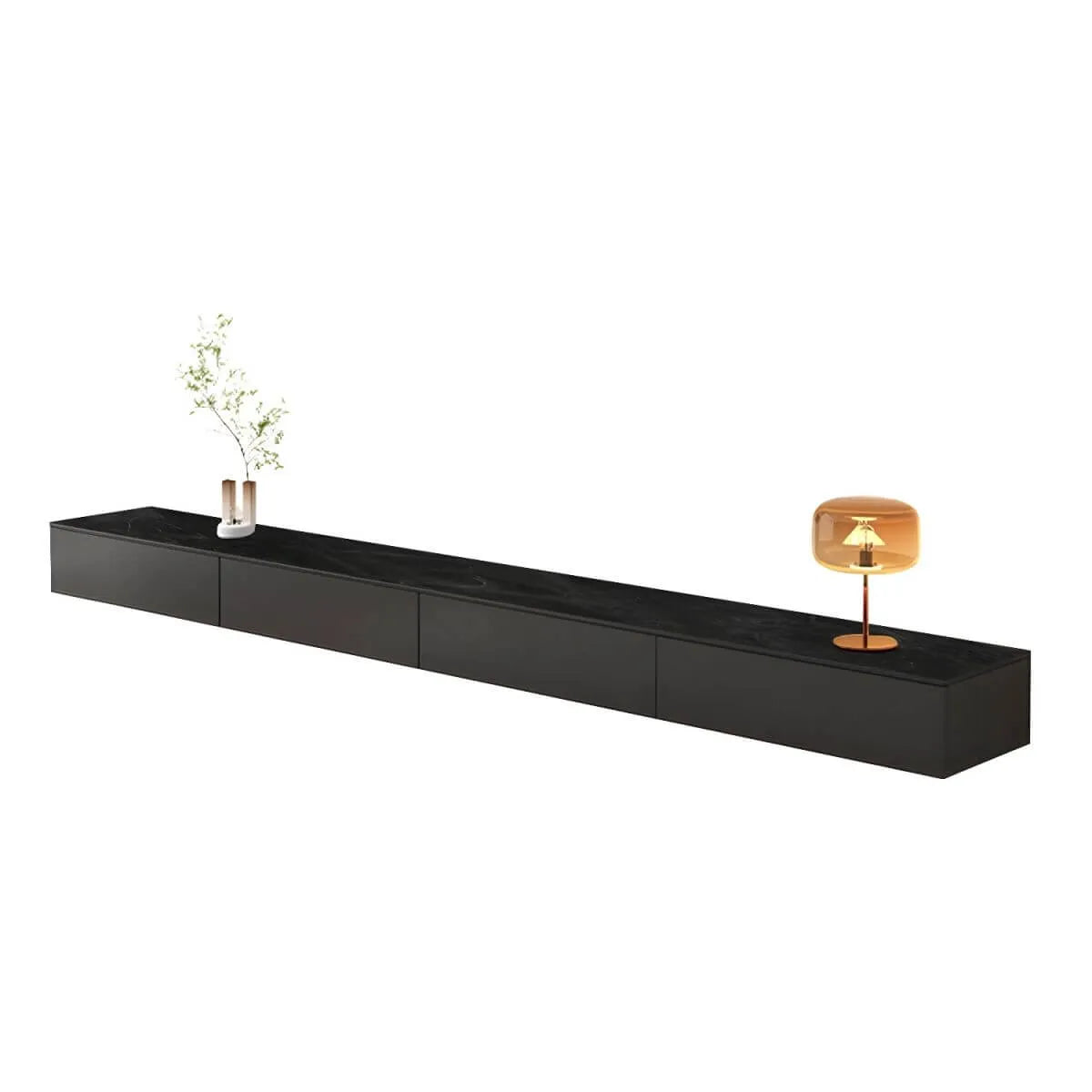 Modern Floating TV Stand with Drawers in Wood and Sintered Stone