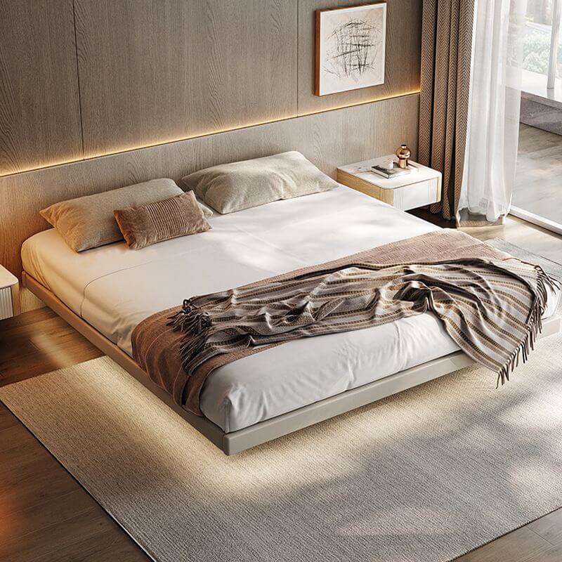 Modern Floating Wood Bed with Integrated Lights