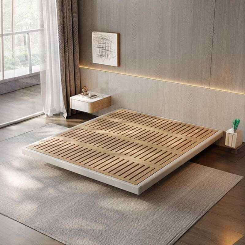 Modern Floating Wood Bed with Integrated Lights