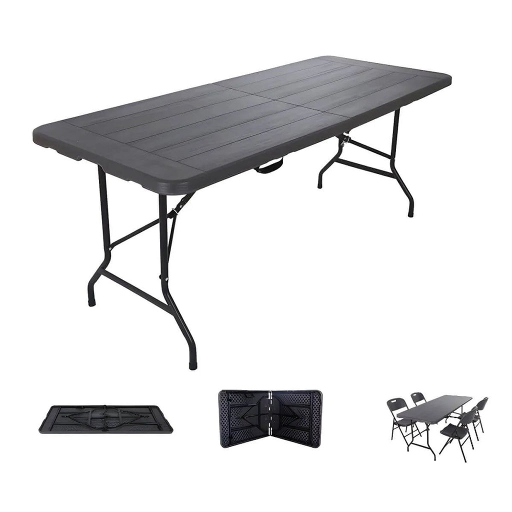 Modern Foldable Camping Table with Wood-Grain Plastic Top