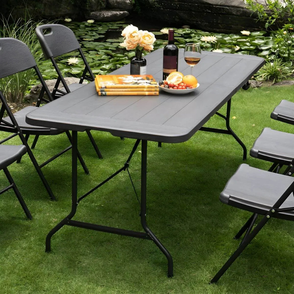 Modern Foldable Camping Table with Wood-Grain Plastic Top