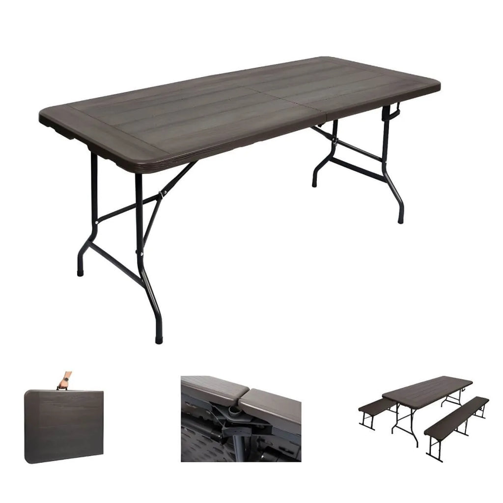 Modern Foldable Camping Table with Wood-Grain Plastic Top