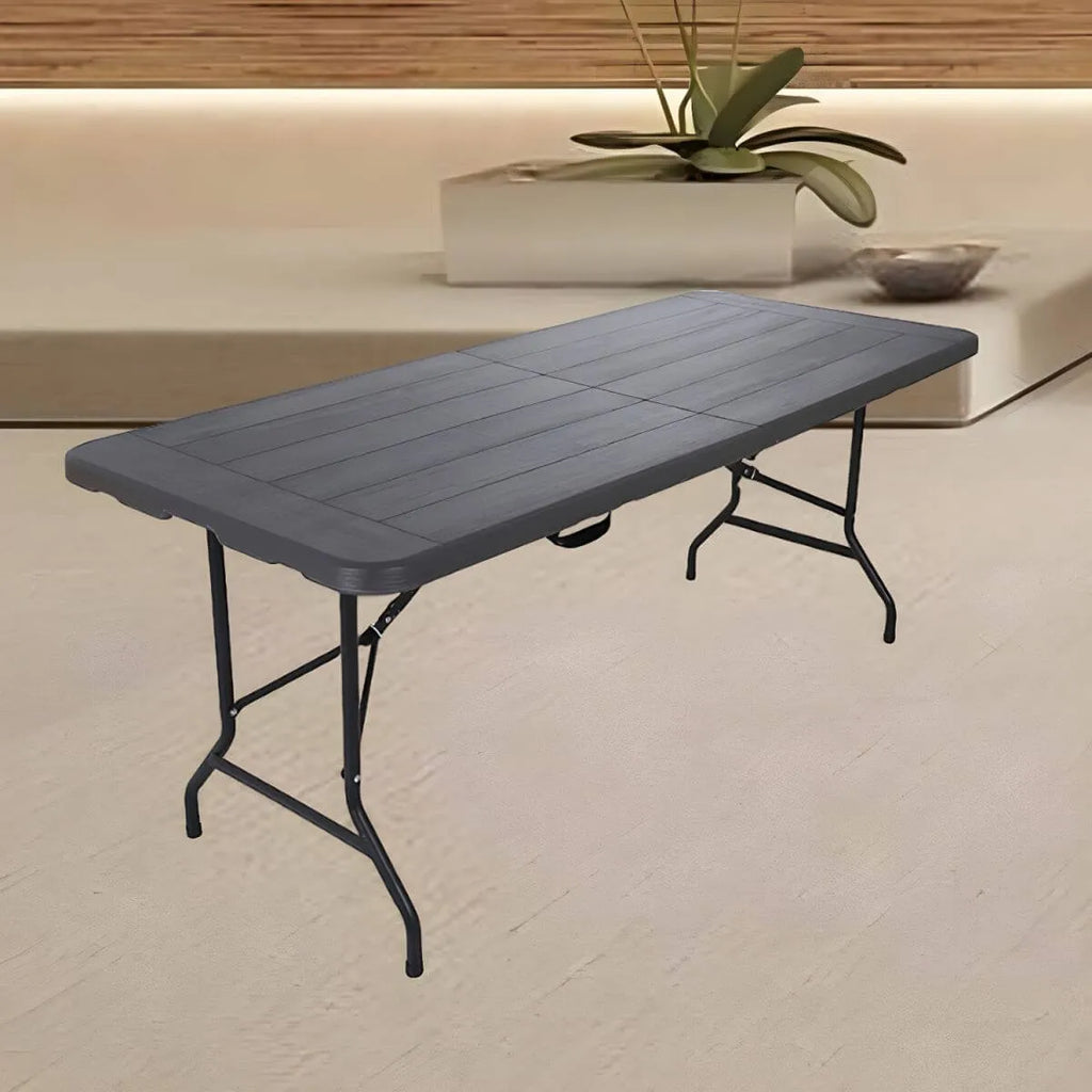 Modern Foldable Camping Table with Wood-Grain Plastic Top