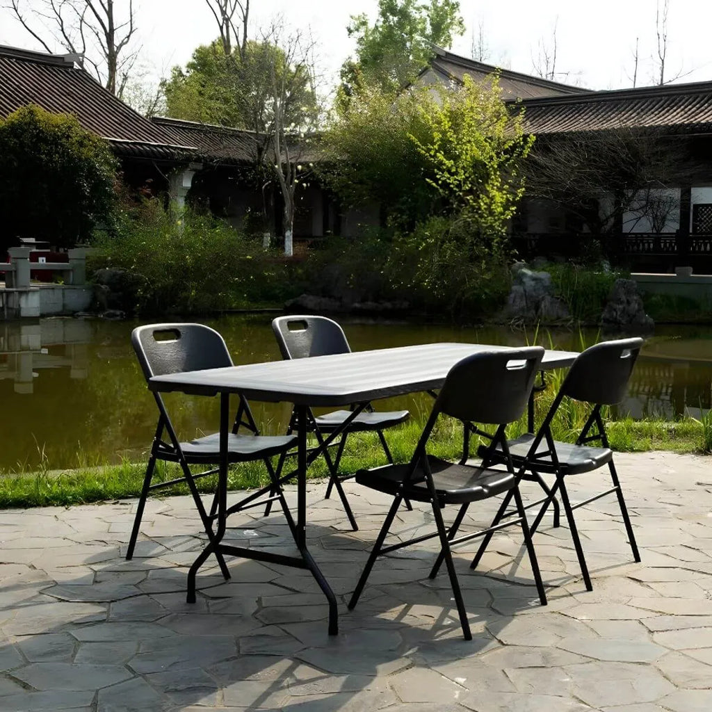 Modern Foldable Camping Table with Wood-Grain Plastic Top