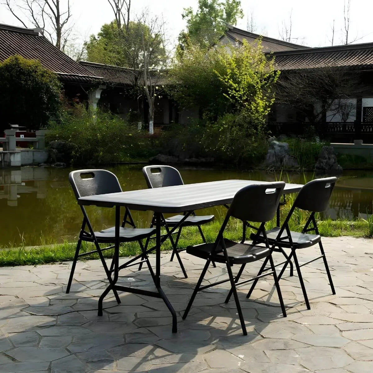 Modern Foldable Camping Table with Wood-Grain Plastic Top