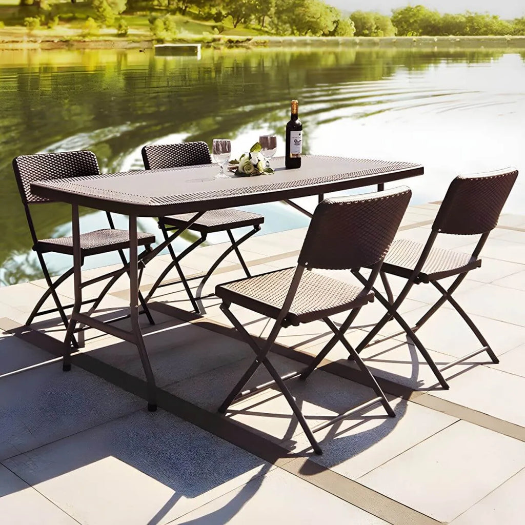 Modern Foldable Metal Patio Dining Table with Wicker-Texture Top