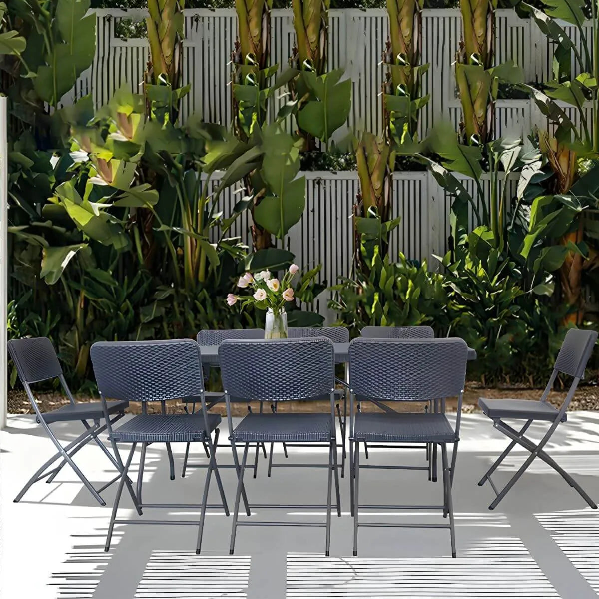 Modern Foldable Metal Patio Dining Table with Wicker-Texture Top