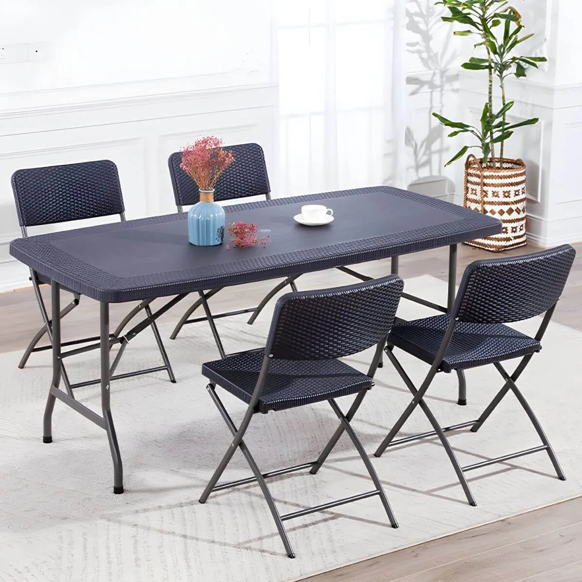 Modern Foldable Metal Patio Dining Table with Wicker-Texture Top