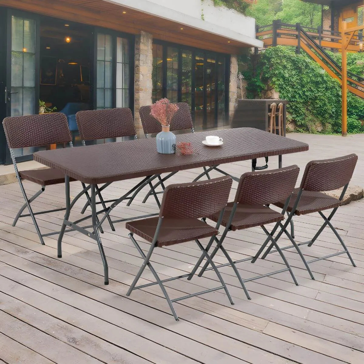 Modern Foldable Metal Patio Dining Table with Wicker-Texture Top