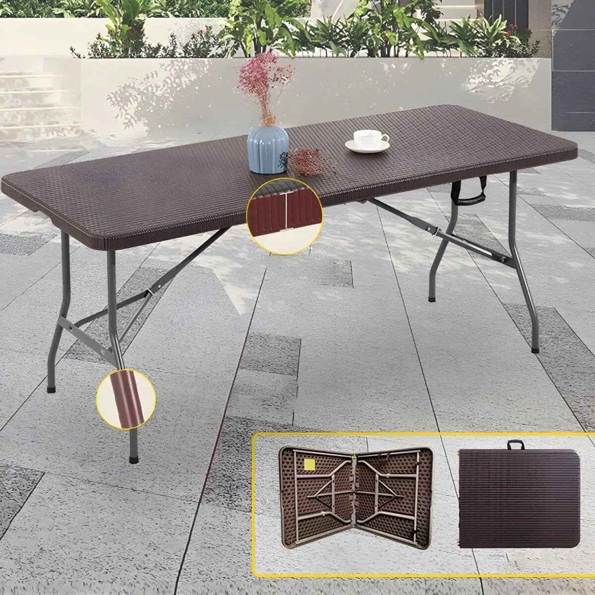 Modern Foldable Metal Patio Dining Table with Wicker-Texture Top