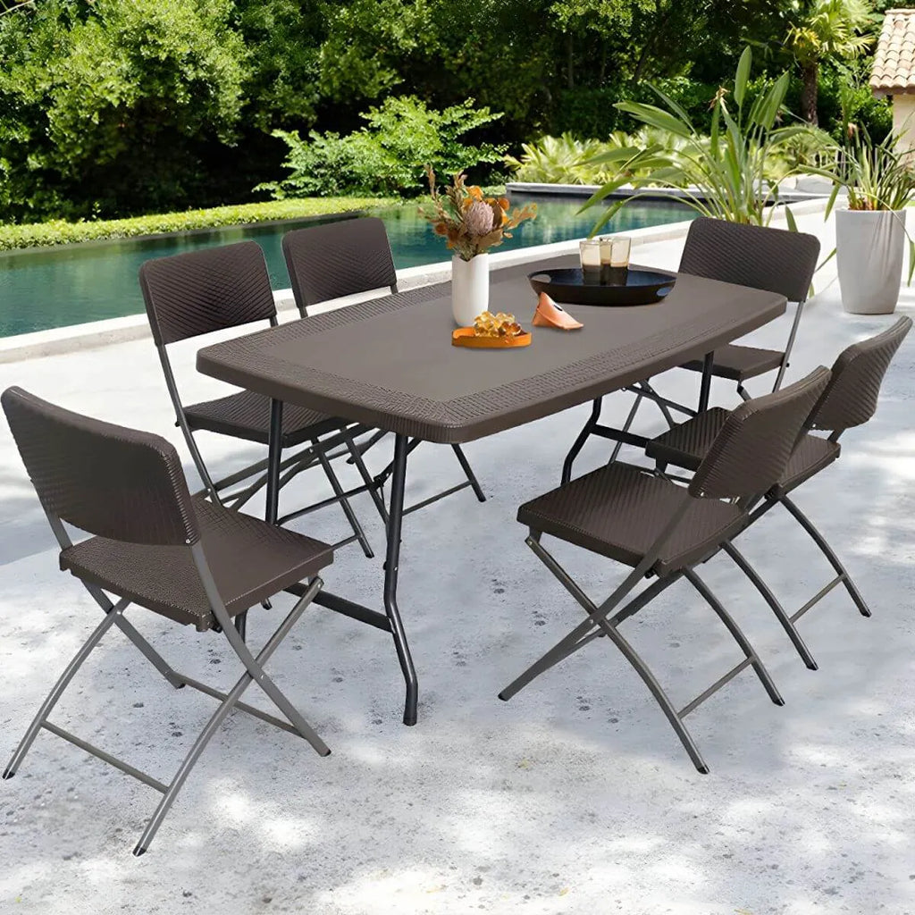Modern Foldable Metal Patio Dining Table with Wicker-Texture Top