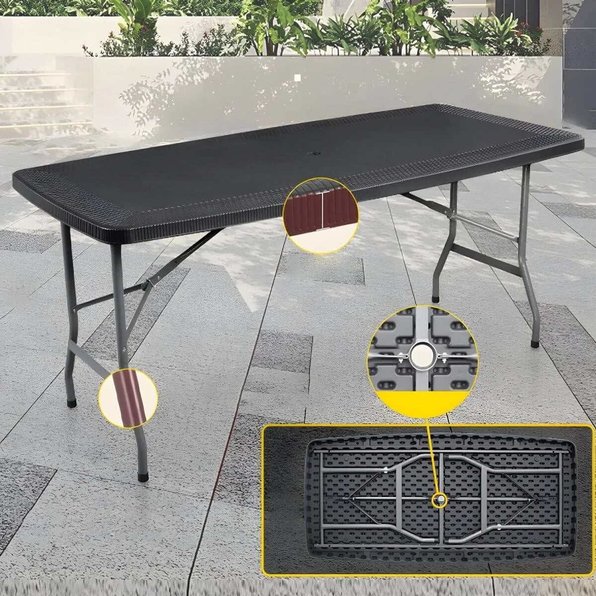 Modern Foldable Metal Patio Dining Table with Wicker-Texture Top