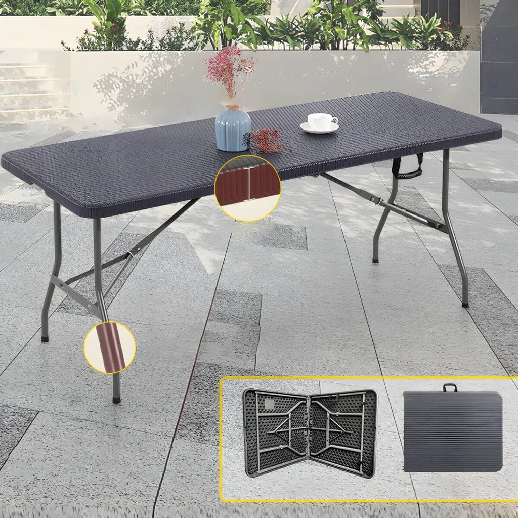 Modern Foldable Metal Patio Dining Table with Wicker-Texture Top