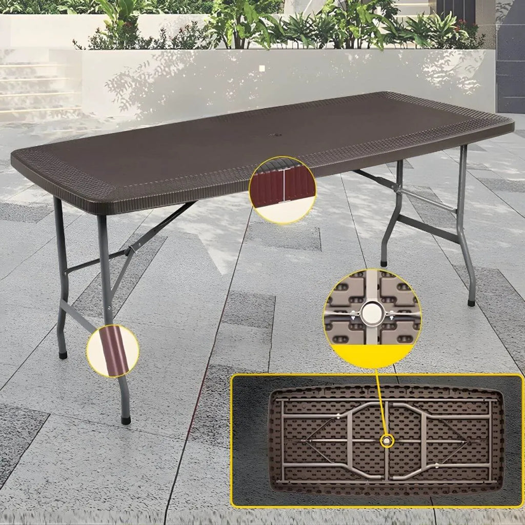 Modern Foldable Metal Patio Dining Table with Wicker-Texture Top
