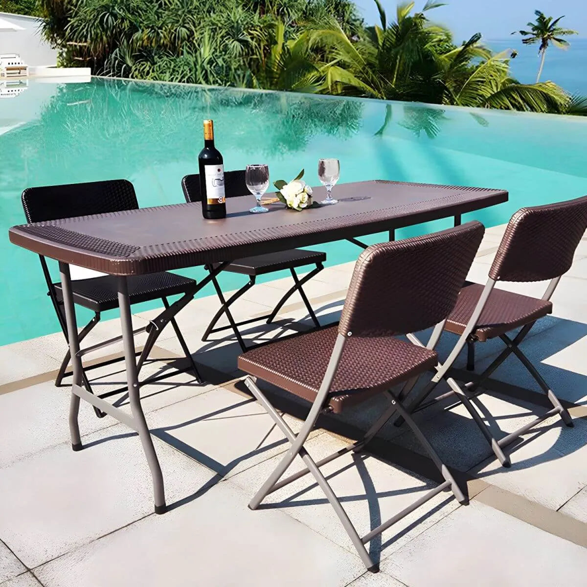 Modern Foldable Metal Patio Dining Table with Wicker-Texture Top Main Product Image Main image