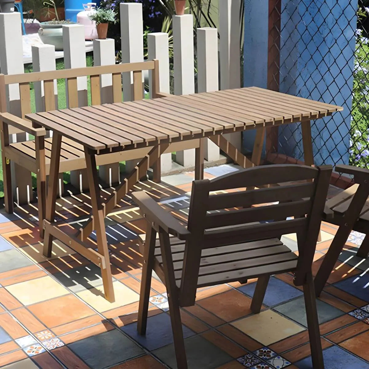 Modern Foldable Wood Dining Table – Medium Brown Fir Outdoor Patio Table