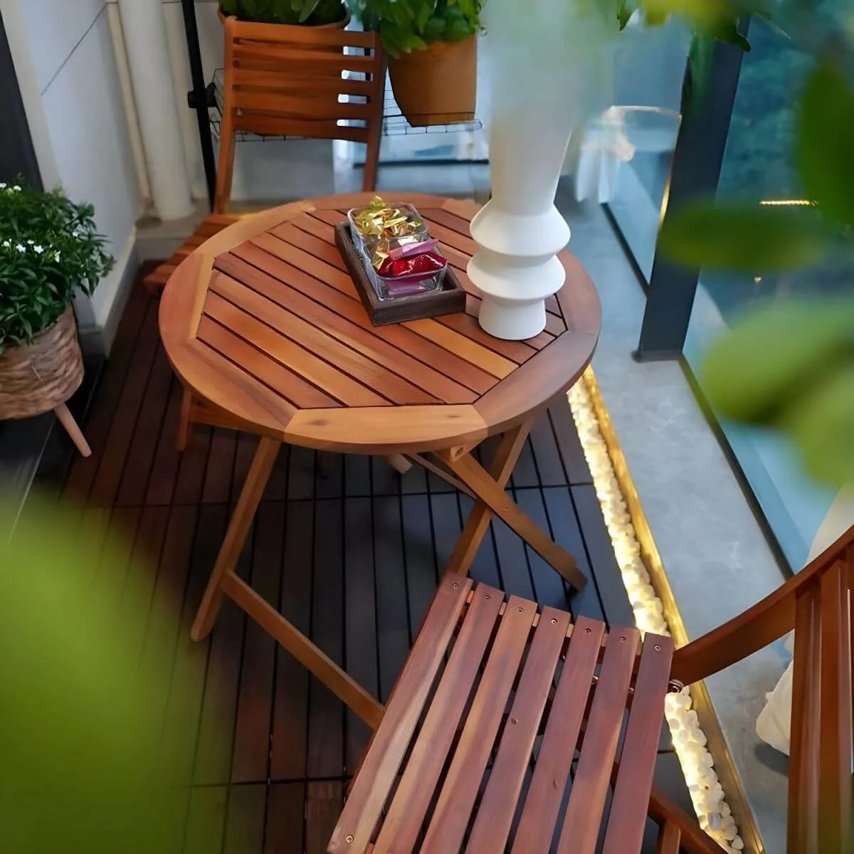 Modern Foldable Wooden Outdoor Dining Table – Brown Round & Square Imagen secundaria del producto