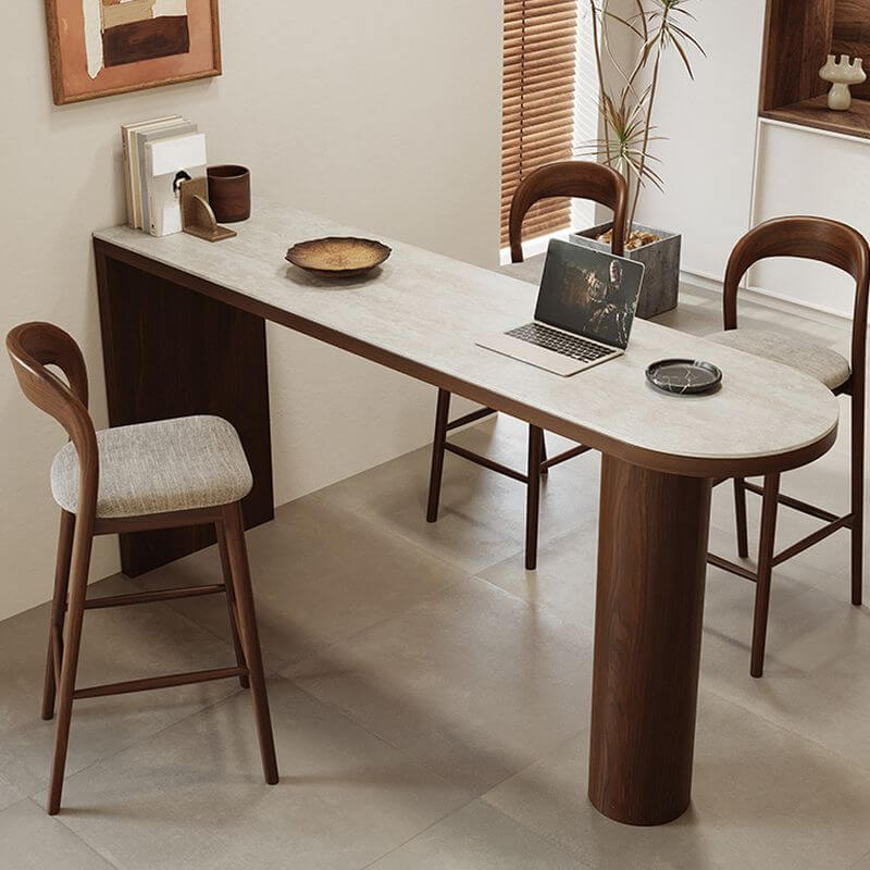Modern Free-Form Travertine Bar Table with Wood Base