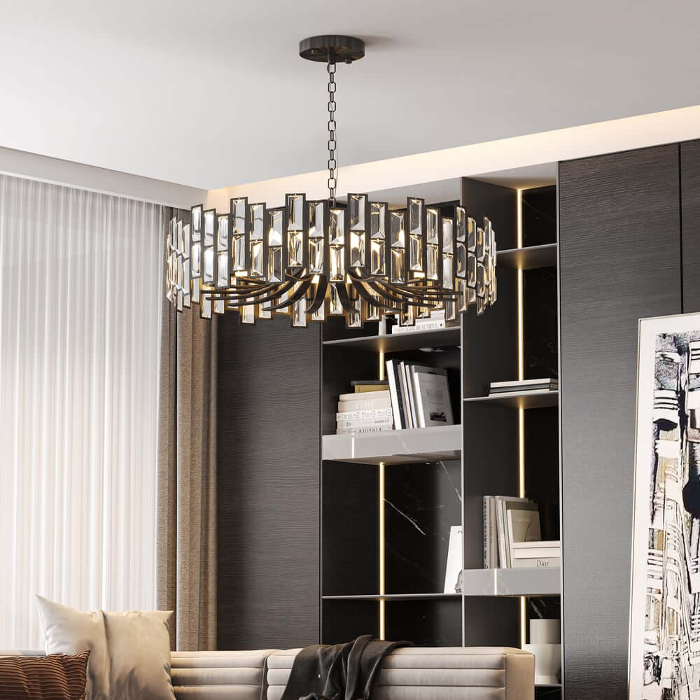 Modern Geometric Crystal Chandelier in Black and Gold Finish