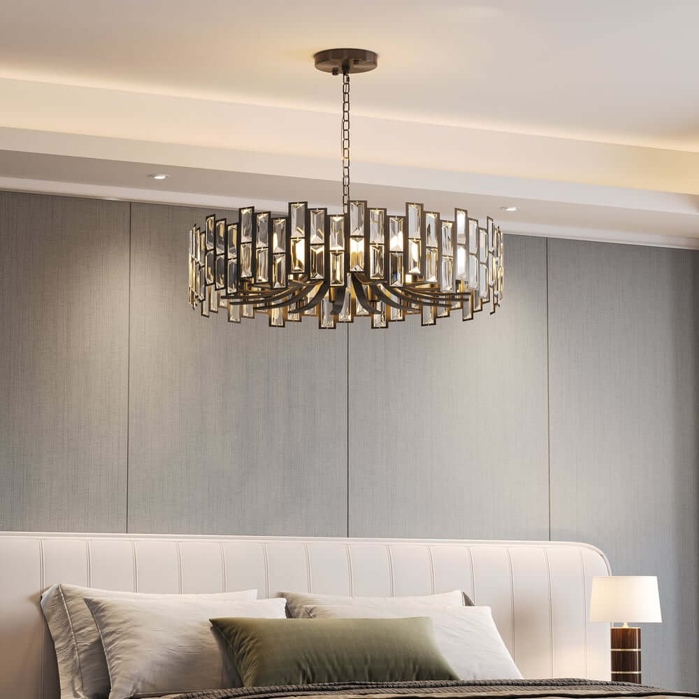 Modern Geometric Crystal Chandelier in Black and Gold Finish