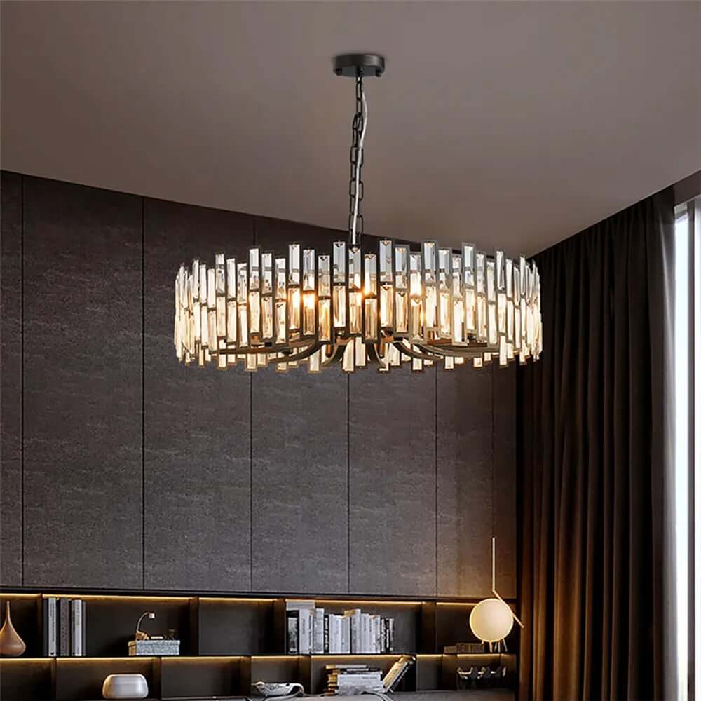 Modern Geometric Crystal Chandelier in Black and Gold Finish