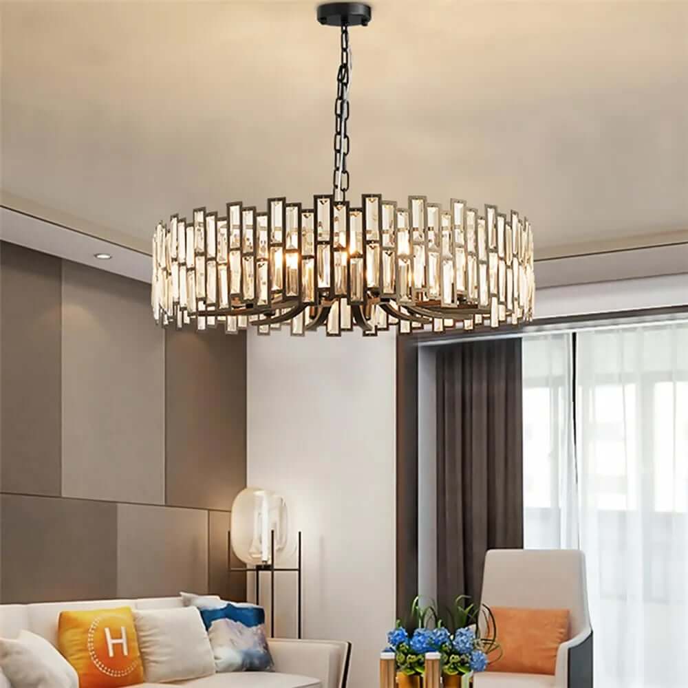 Modern Geometric Crystal Chandelier in Black and Gold Finish