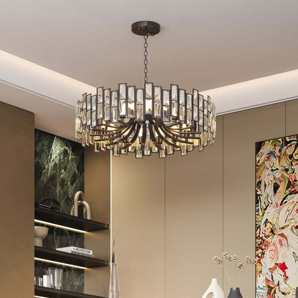 Modern Geometric Crystal Chandelier in Black and Gold Finish