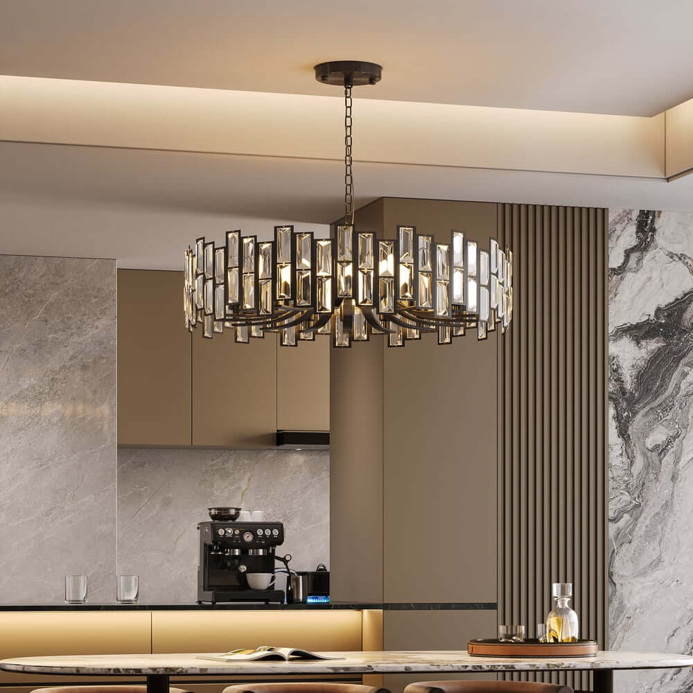 Modern Geometric Crystal Chandelier in Black and Gold Finish