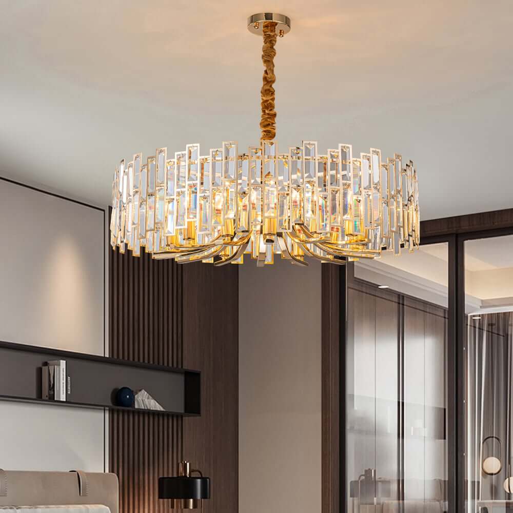Modern Geometric Crystal Chandelier in Black and Gold Finish