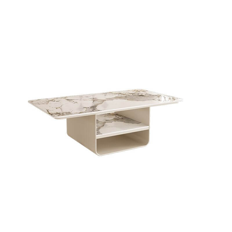 Modern Geometric Sintered Stone Coffee Table with Plinth Base and Two Shelves