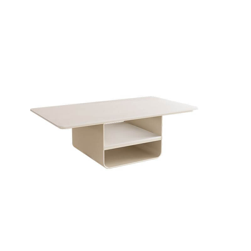 Modern Geometric Sintered Stone Coffee Table with Plinth Base and Two Shelves