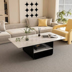 Modern Geometric Sintered Stone Coffee Table with Plinth Base and Two Shelves
