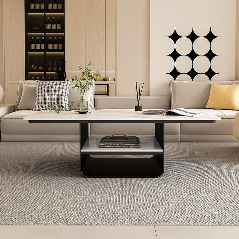Modern Geometric Sintered Stone Coffee Table with Plinth Base and Two Shelves