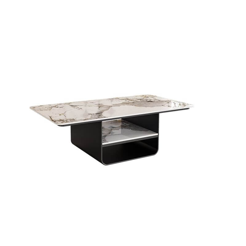 Modern Geometric Sintered Stone Coffee Table with Plinth Base and Two Shelves