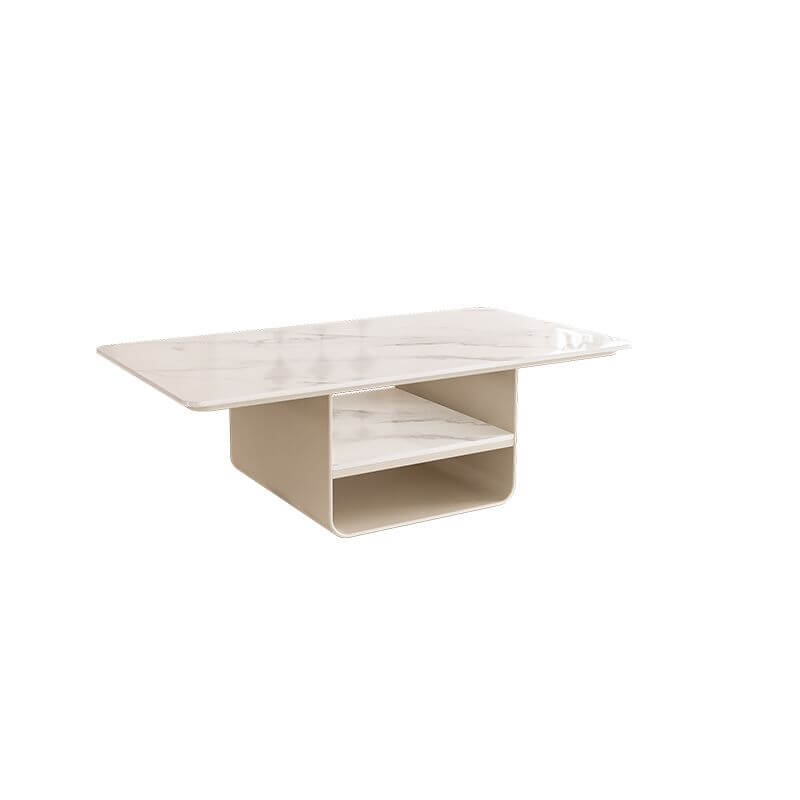 Modern Geometric Sintered Stone Coffee Table with Plinth Base and Two Shelves