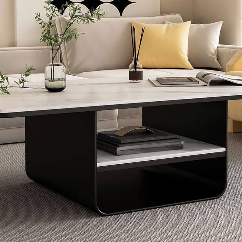 Modern Geometric Sintered Stone Coffee Table with Plinth Base and Two Shelves