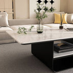 Modern Geometric Sintered Stone Coffee Table with Plinth Base and Two Shelves